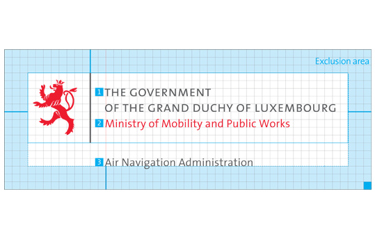 Logotype illustrating the exclusion area and the following numbered items: [1] THE GOVERNMENT OF THE GRAND DUCHY OF LUXEMBOURG, [2] name of the ministry and [3] name of the administration