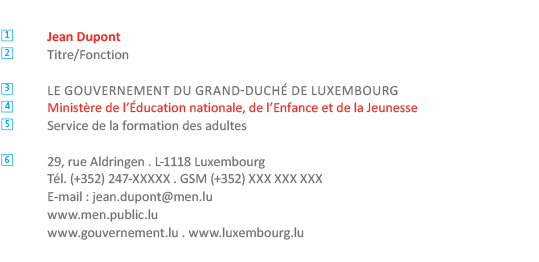 Signature avec éléments numérotés: 1. Nom, 2. titre, 3. LE GOUVERNEMENT DU GRAND-DUCHE DE LUXEMBOURG, 4. ministère, 5. administration / service, 6. coordonnées