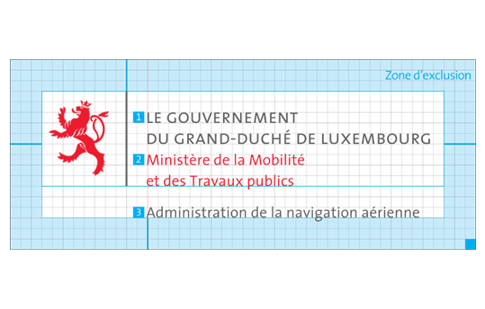 Logotype avec illustration de la zone d'exclusion et les éléments suivants: [1] LE GOUVERNEMENT DU GRAND-DUCHE DE LUXEMBOURG, [2] nom du ministère et [3] nom de l'administration