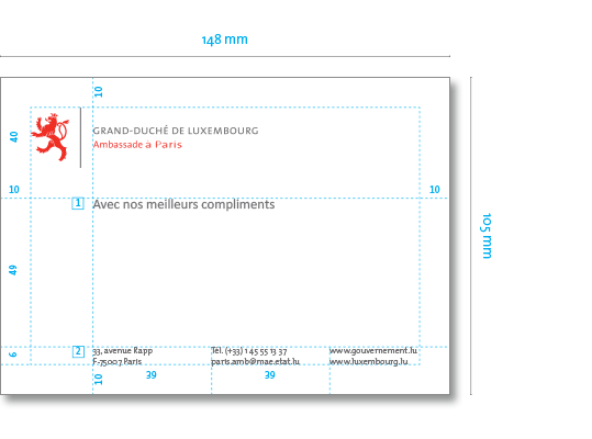 Illustration d'une carte de compliments avec deux éléments numérotés: [1] texte "avec nos meilleurs compliments" et [2] texte du pied de page