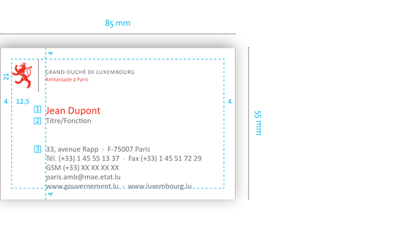Illustration of a business card with the following elements: [1] name, [2] title and [3] contact details